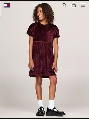 Tommy Hilfiger Girls' Burgundy Velvet Short-Sleeve Dress